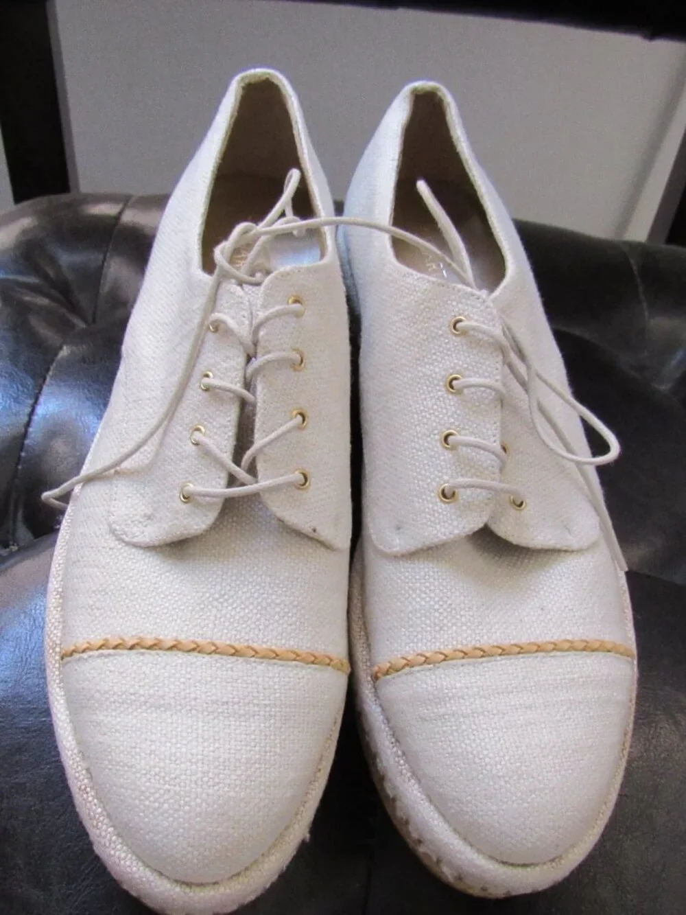 STUART WEITZMAN Mantra Ivory Linen Lace Up Oxford Platform Espadrilles Sz 7.5